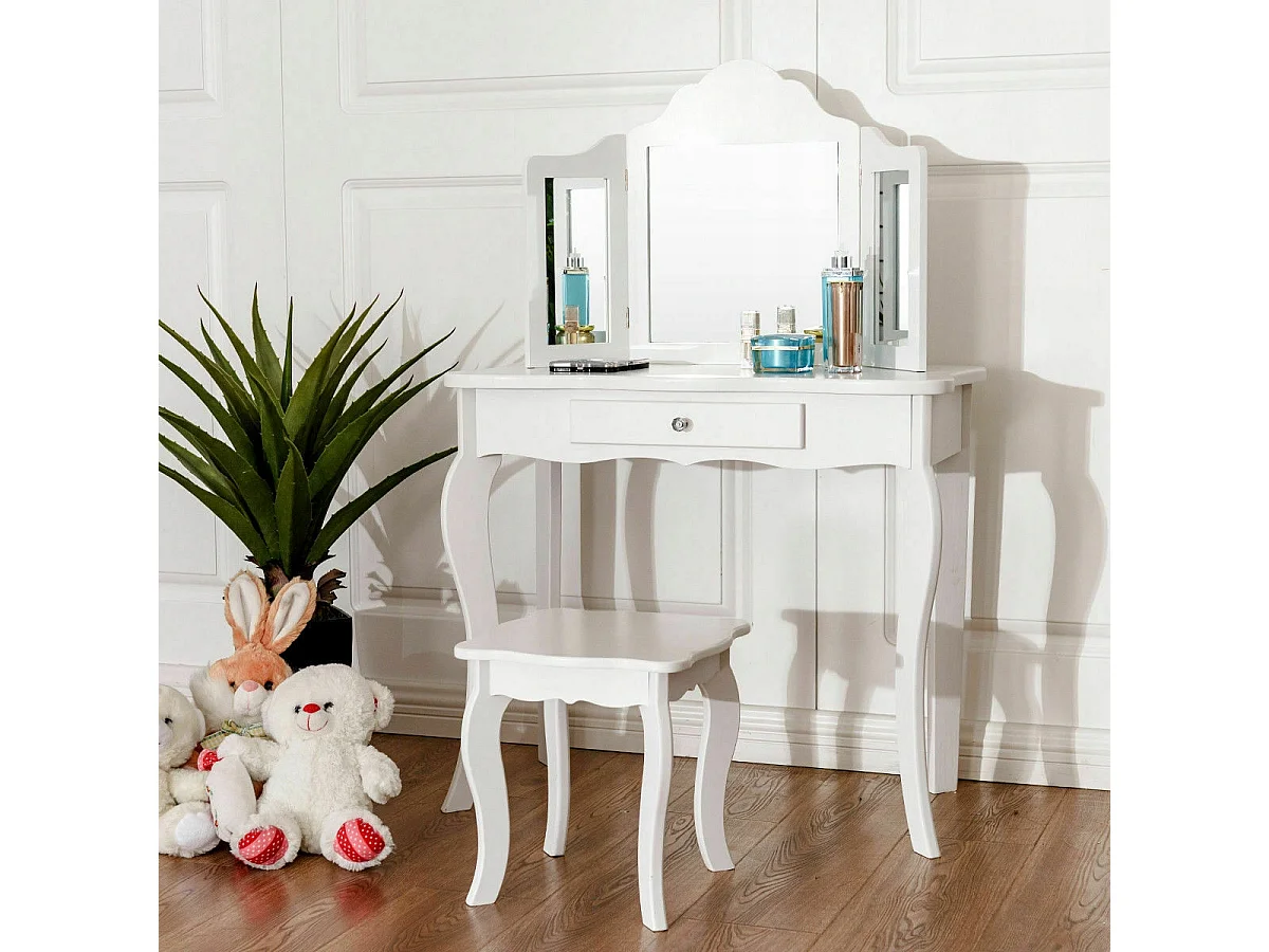 Schminktisch- und Hocker-Set für Kinder Frisiertisch mit Schublade Spiegel 70 x 34 x 103 cm Weiß