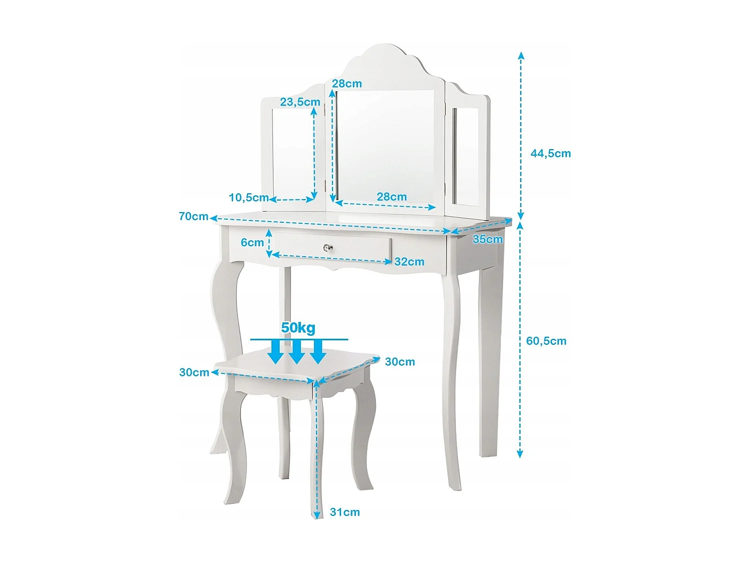 Schminktisch- und Hocker-Set für Kinder Frisiertisch mit Schublade Spiegel 70 x 34 x 103 cm Weiß