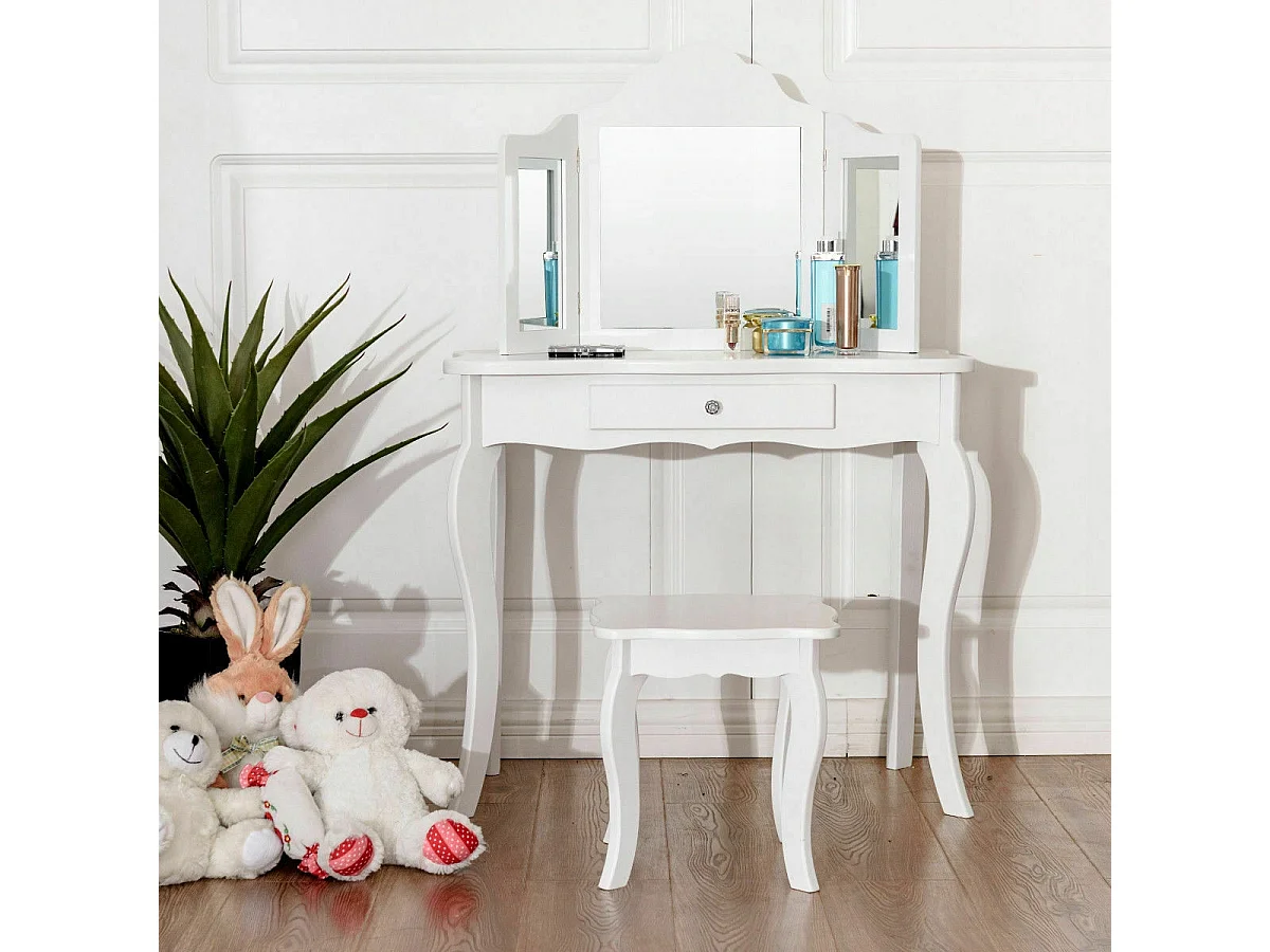 Schminktisch- und Hocker-Set für Kinder Frisiertisch mit Schublade Spiegel 70 x 34 x 103 cm Weiß