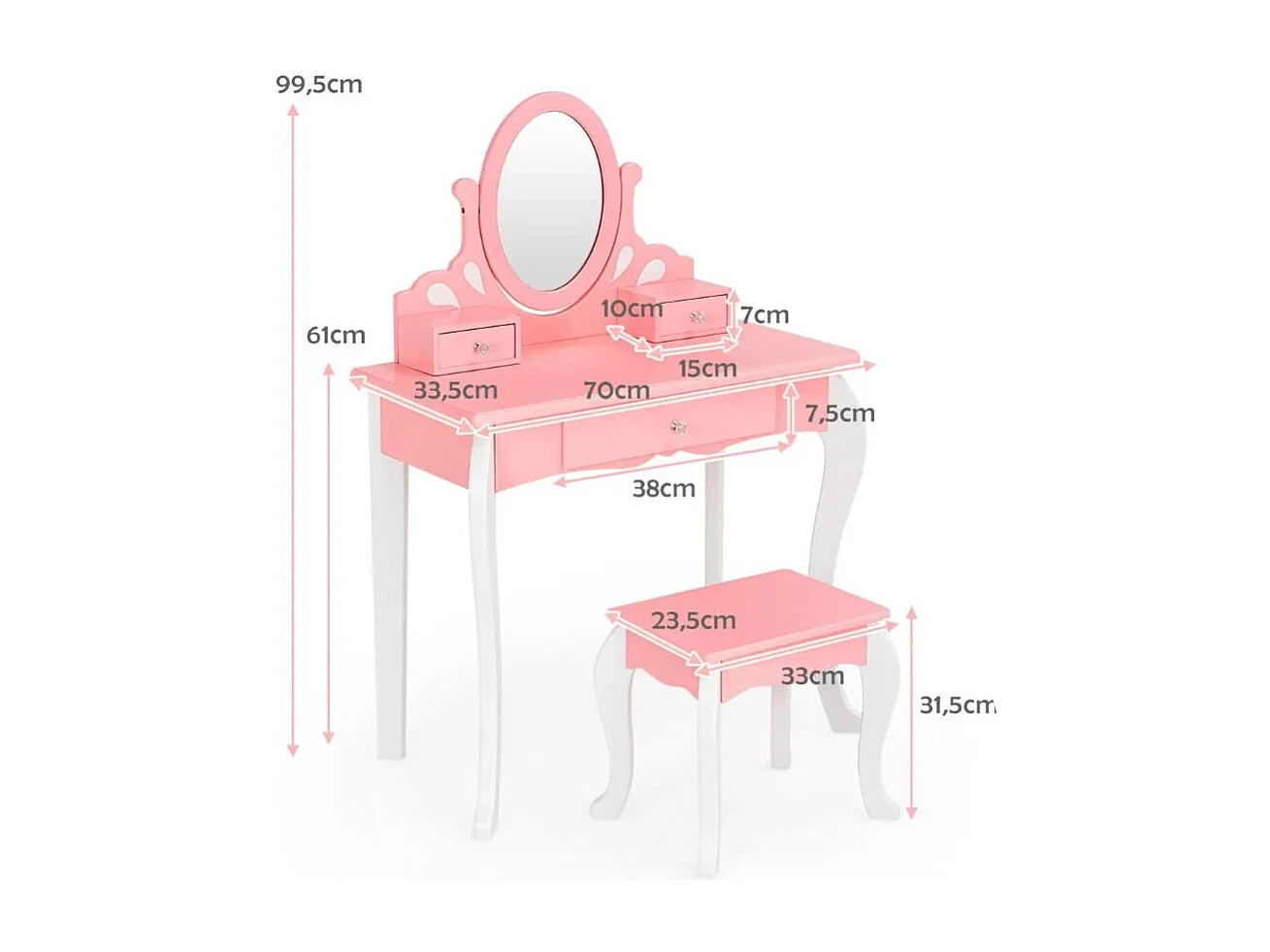 Kinder Schminktisch mit Hocker Prinzessin Frisiertisch mit 3 Schublade & Spiegel Rosa