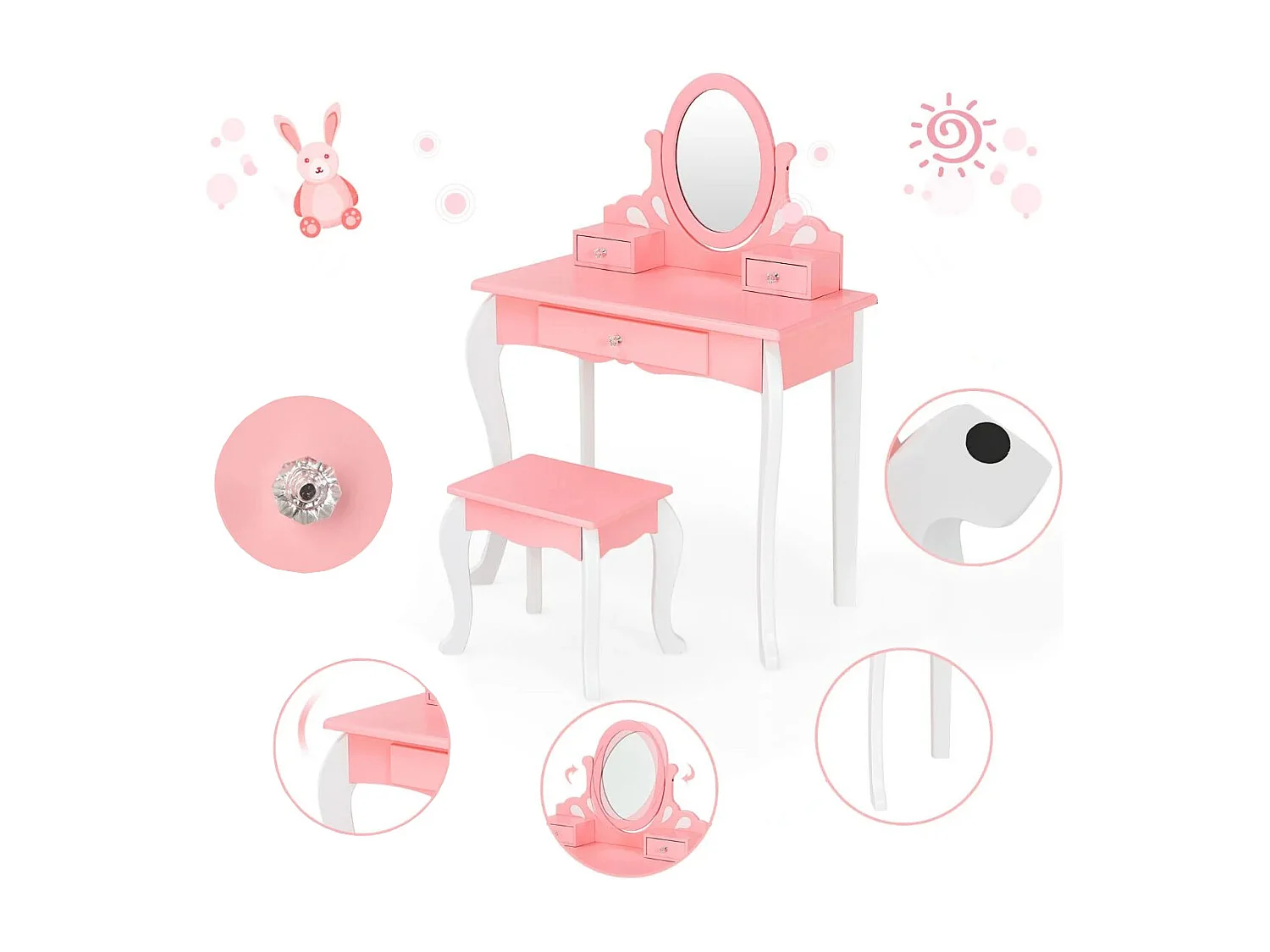 Kinder Schminktisch mit Hocker Prinzessin Frisiertisch mit 3 Schublade & Spiegel Rosa