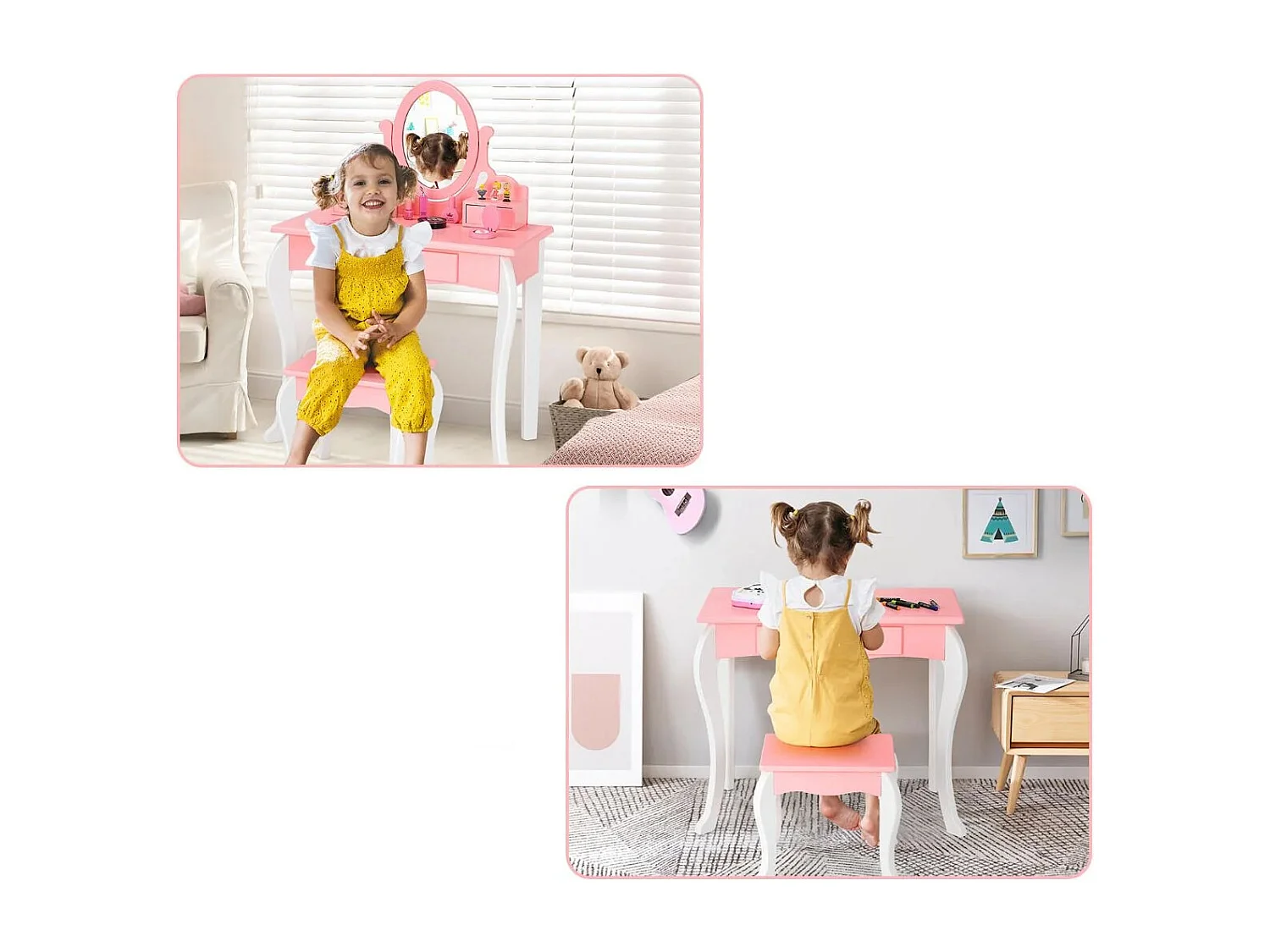 Kinder Schminktisch mit Hocker Prinzessin Frisiertisch mit 3 Schublade & Spiegel Rosa