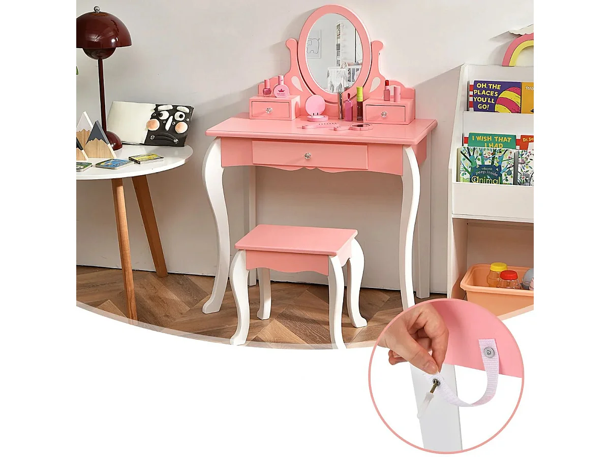 Kinder Schminktisch mit Hocker Prinzessin Frisiertisch mit 3 Schublade & Spiegel Rosa