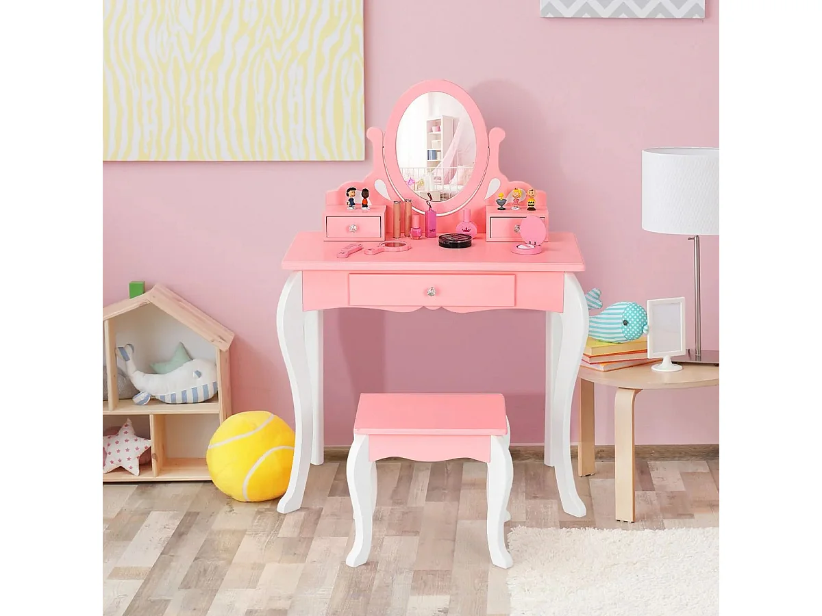 Kinder Schminktisch mit Hocker Prinzessin Frisiertisch mit 3 Schublade & Spiegel Rosa