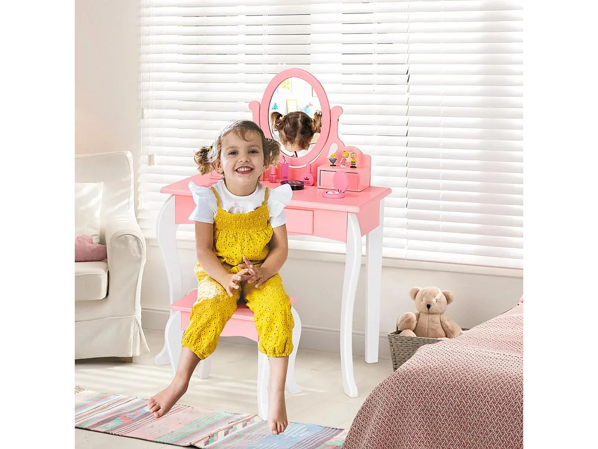 Kinder Schminktisch mit Hocker Prinzessin Frisiertisch mit 3 Schublade & Spiegel Rosa