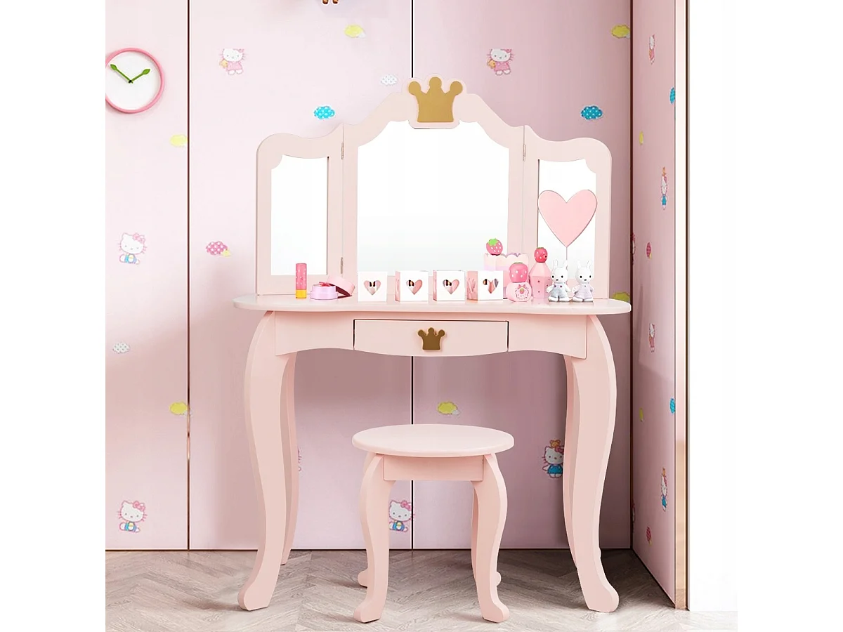 Set toeletta e sedia per bambine con cassetto, Toeletta 2 in 1 con superficie smontabile, Rosa