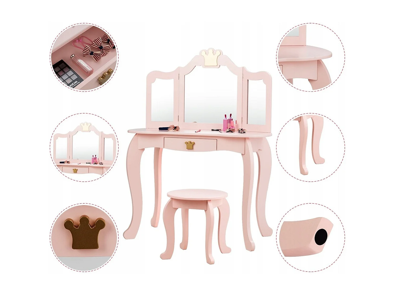 Set toeletta e sedia per bambine con cassetto, Toeletta 2 in 1 con superficie smontabile, Rosa