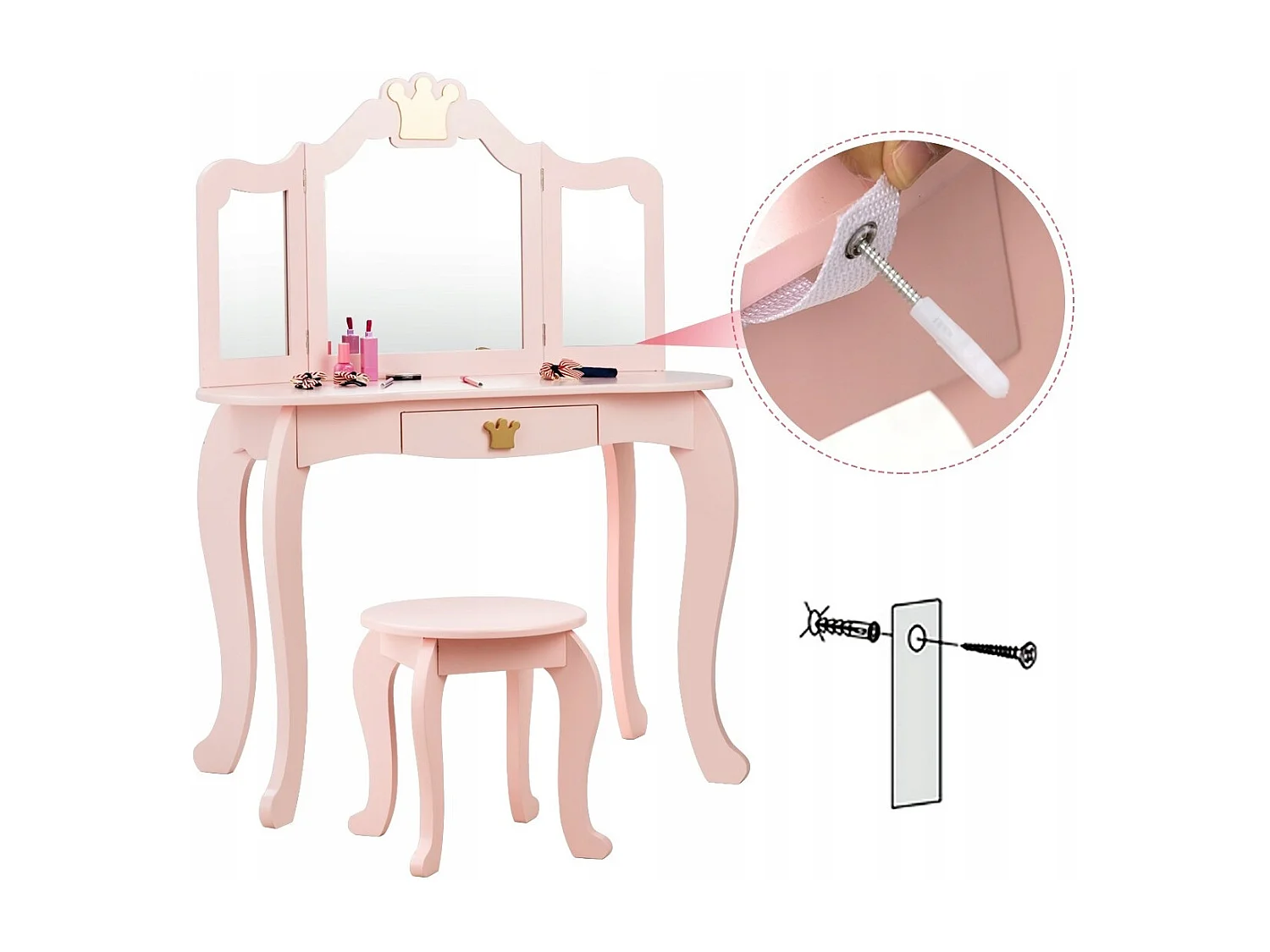 Set toeletta e sedia per bambine con cassetto, Toeletta 2 in 1 con superficie smontabile, Rosa