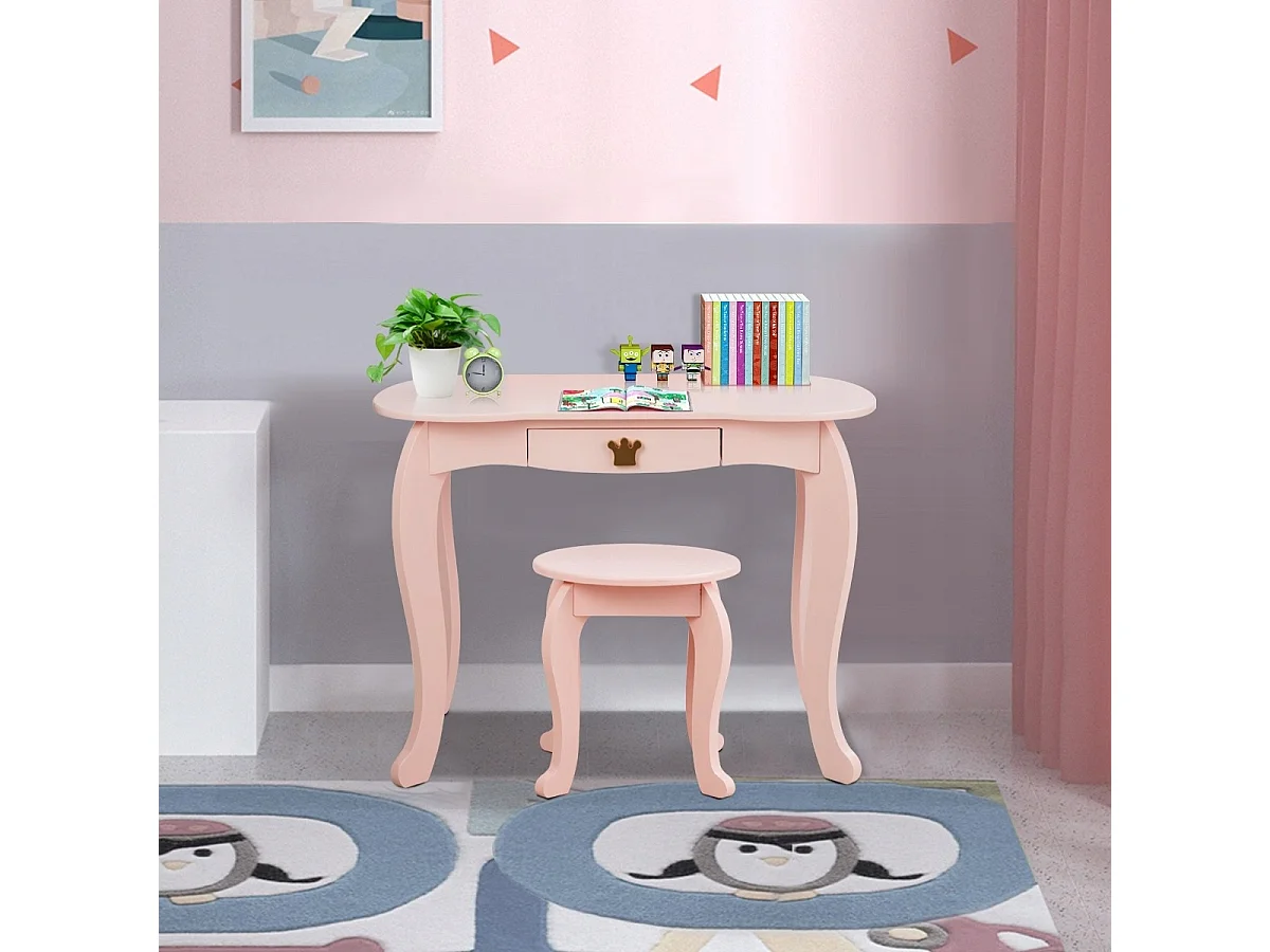 Set toeletta e sedia per bambine con cassetto, Toeletta 2 in 1 con superficie smontabile, Rosa