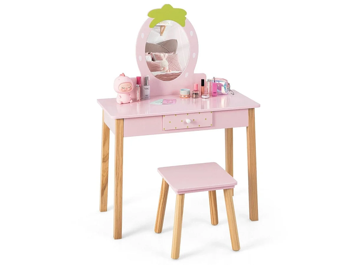2-in-1-Frisiertisch aus Holz für Kinder mit Spiegel