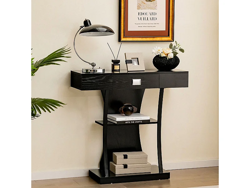 Konsolentisch mit Schubladen & Metallrahmen & 2 Ablagen & Kippschutz Flurtisch Schwarz