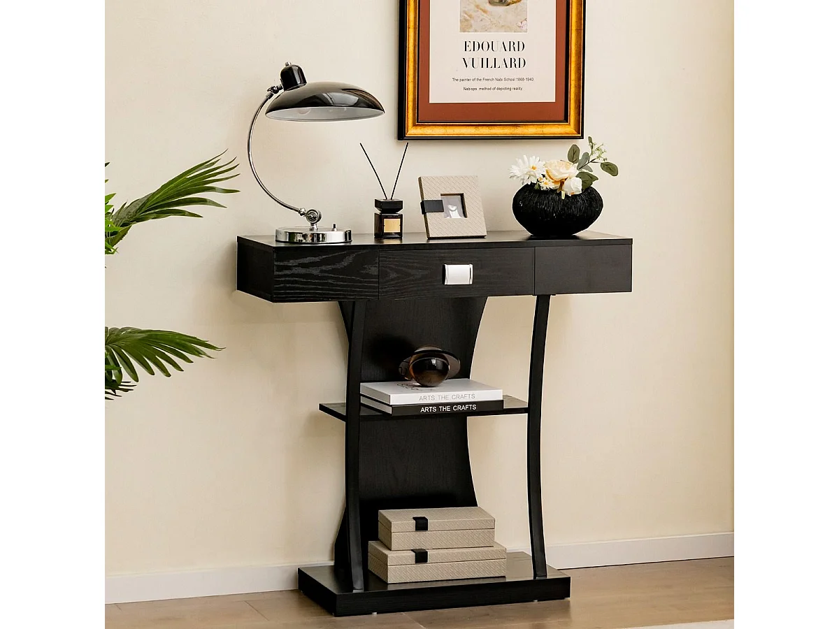 Konsolentisch mit Schubladen & Metallrahmen & 2 Ablagen & Kippschutz Flurtisch Schwarz