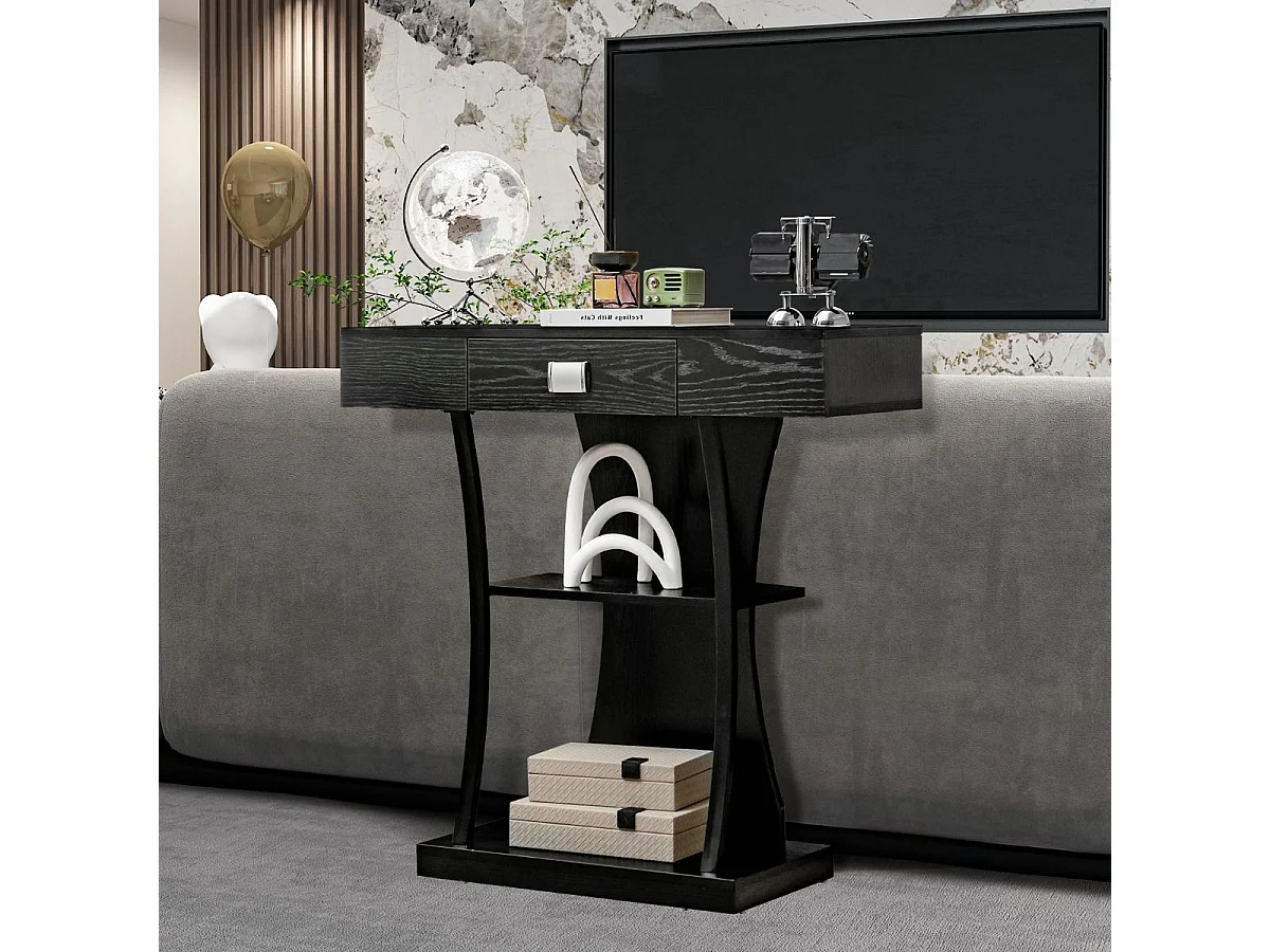 Konsolentisch mit Schubladen & Metallrahmen & 2 Ablagen & Kippschutz Flurtisch Schwarz