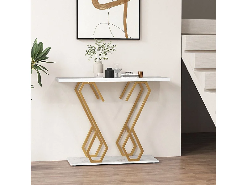Konsolentisch aus Kunstmarmor Foyertisch mit Verstellbaren Fußpolstern Weiß und Gold