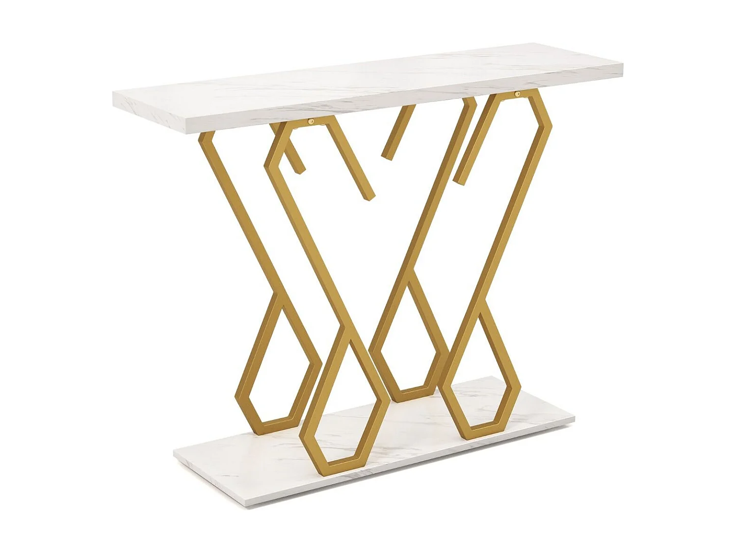 Konsolentisch aus Kunstmarmor Foyertisch mit Verstellbaren Fußpolstern Weiß und Gold