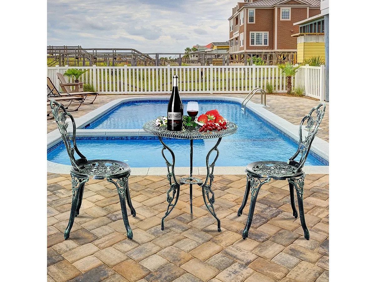 Ensemble Table et 2 Chaises en Fonte Aluminium Forme de Rose Résistant aux Intempéries