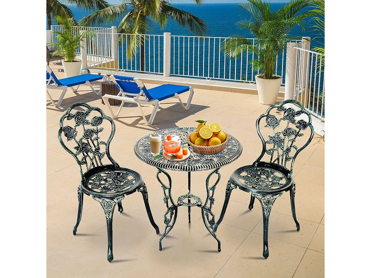 Ensemble Table et 2 Chaises en Fonte Aluminium Forme de Rose Résistant aux Intempéries