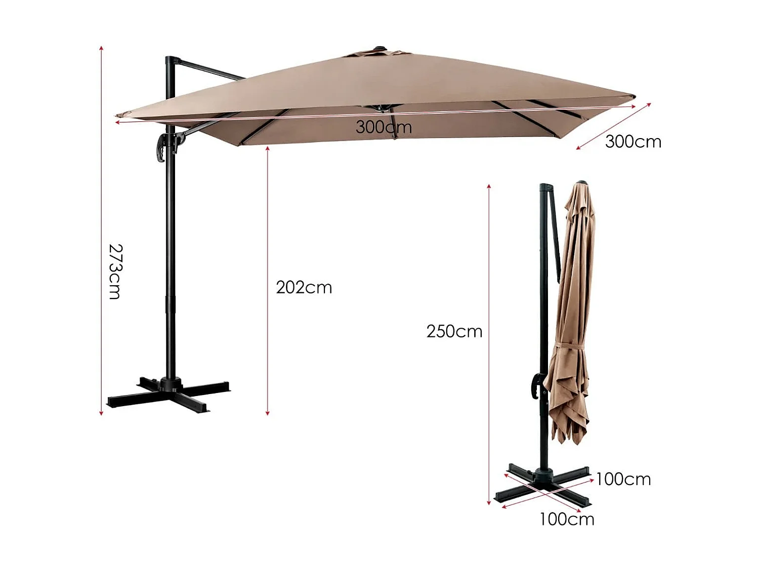 Ombrellone 300 cm per cortile con 3 inclinazioni e rotazione a 360°, Ombrellone da esterno con 8 stecche Caffè