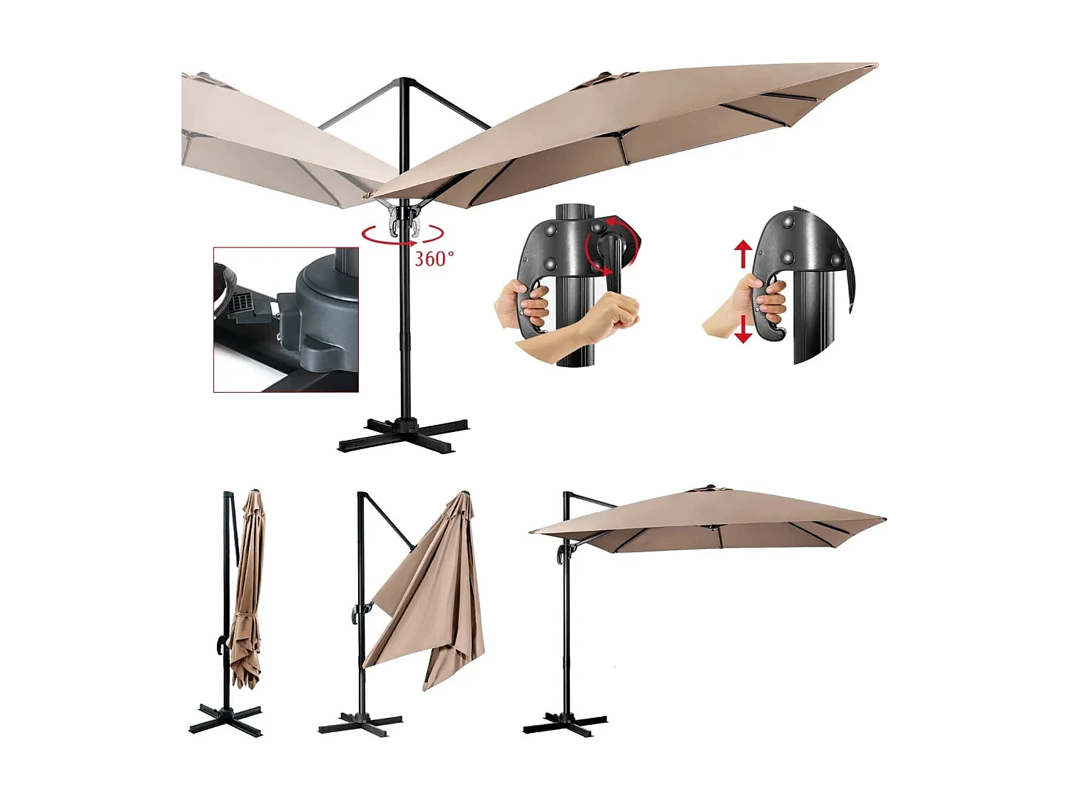 Ombrellone 300 cm per cortile con 3 inclinazioni e rotazione a 360°, Ombrellone da esterno con 8 stecche Caffè