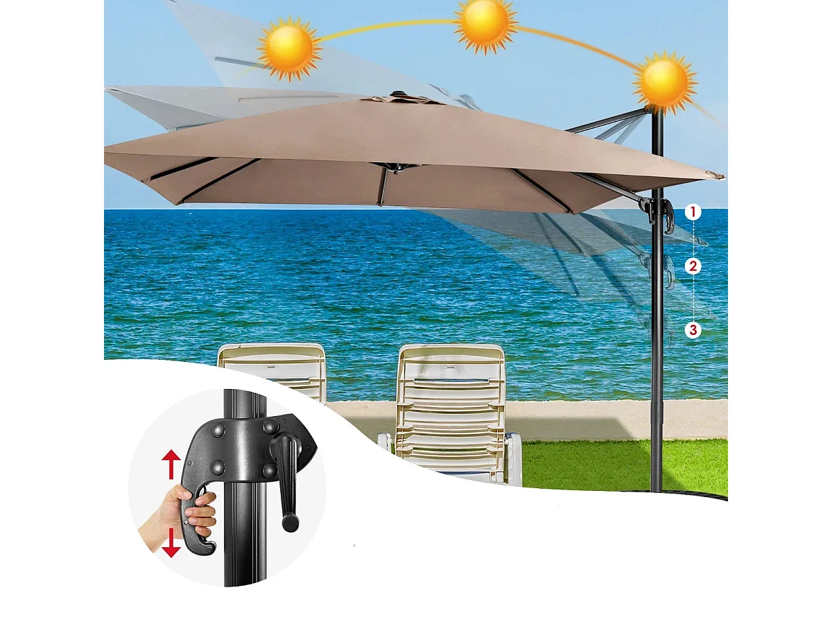 Ombrellone 300 cm per cortile con 3 inclinazioni e rotazione a 360°, Ombrellone da esterno con 8 stecche Caffè