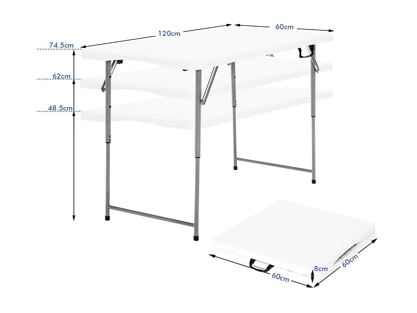 Klapptisch Zweifach Zusammenklappbarer Picknicktisch mit  Höhenverstellung Weiß