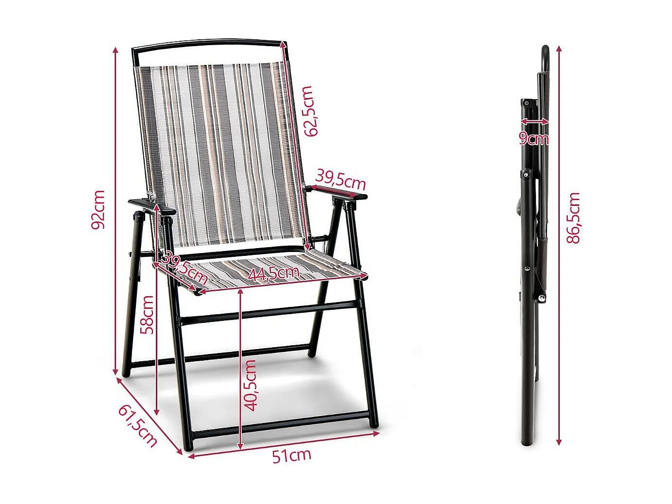 2er Set Gartenstühle Klappstühle mit Armlehnen 51 x 61,5 x 92 cm Grau