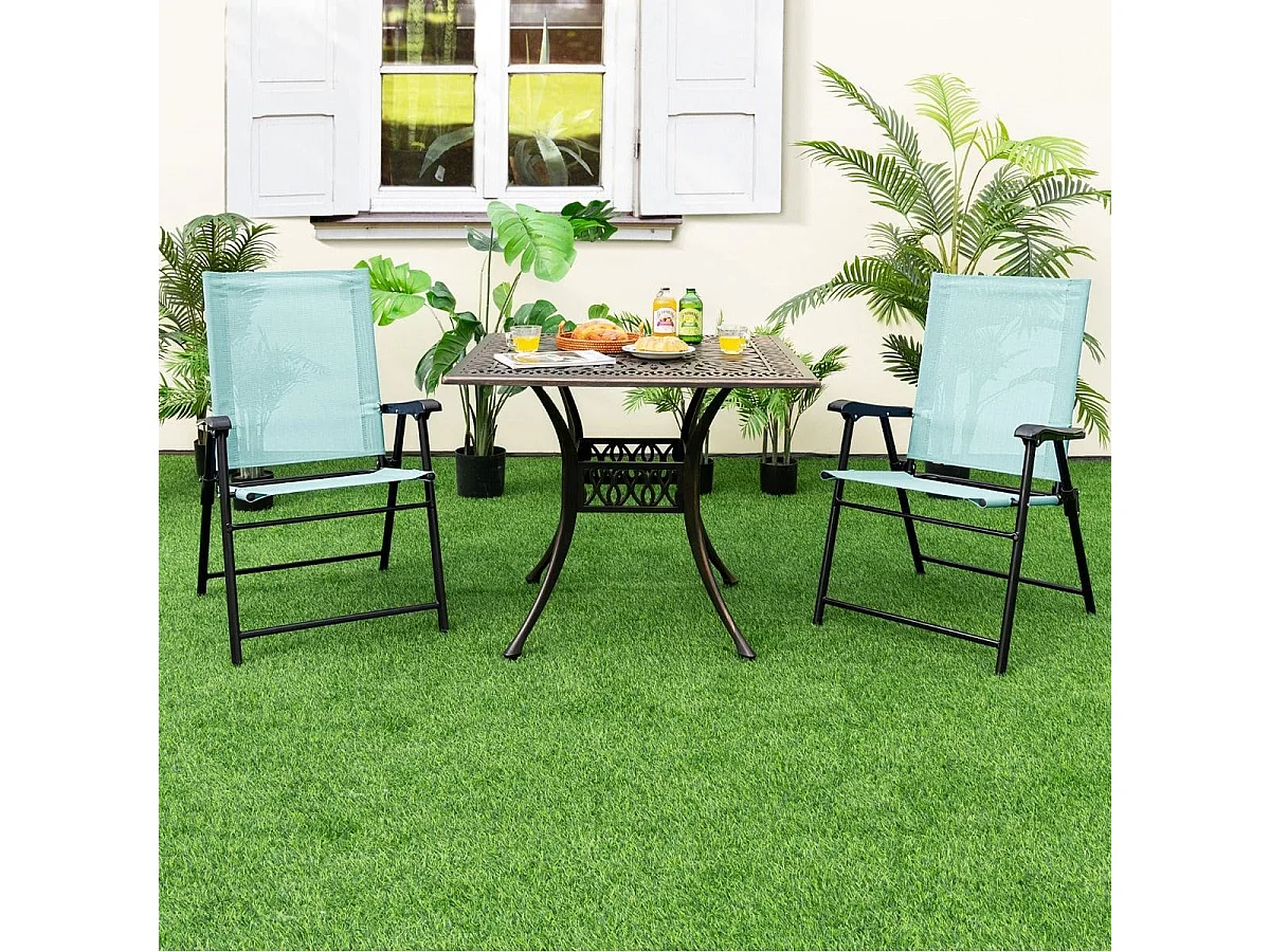Set di 2 sedie pieghevoli da giardino con braccioli e struttura in metallo, Sedie portatili da esterno Verde
