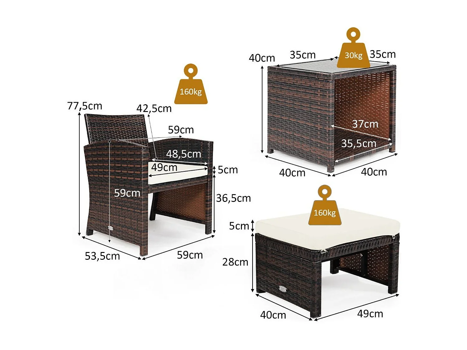5er Set Rattan Set Möbel Balkonset Gartenmöbel Sitzgruppe Braun + Weiß
