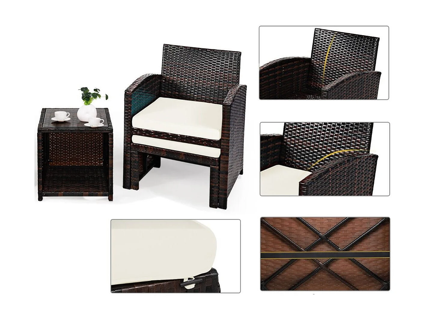 5er Set Rattan Set Möbel Balkonset Gartenmöbel Sitzgruppe Braun + Weiß