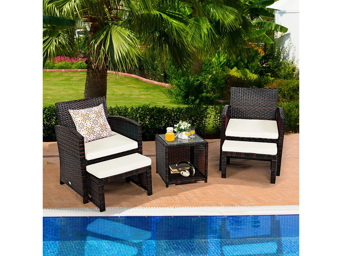 5er Set Rattan Set Möbel Balkonset Gartenmöbel Sitzgruppe Braun + Weiß
