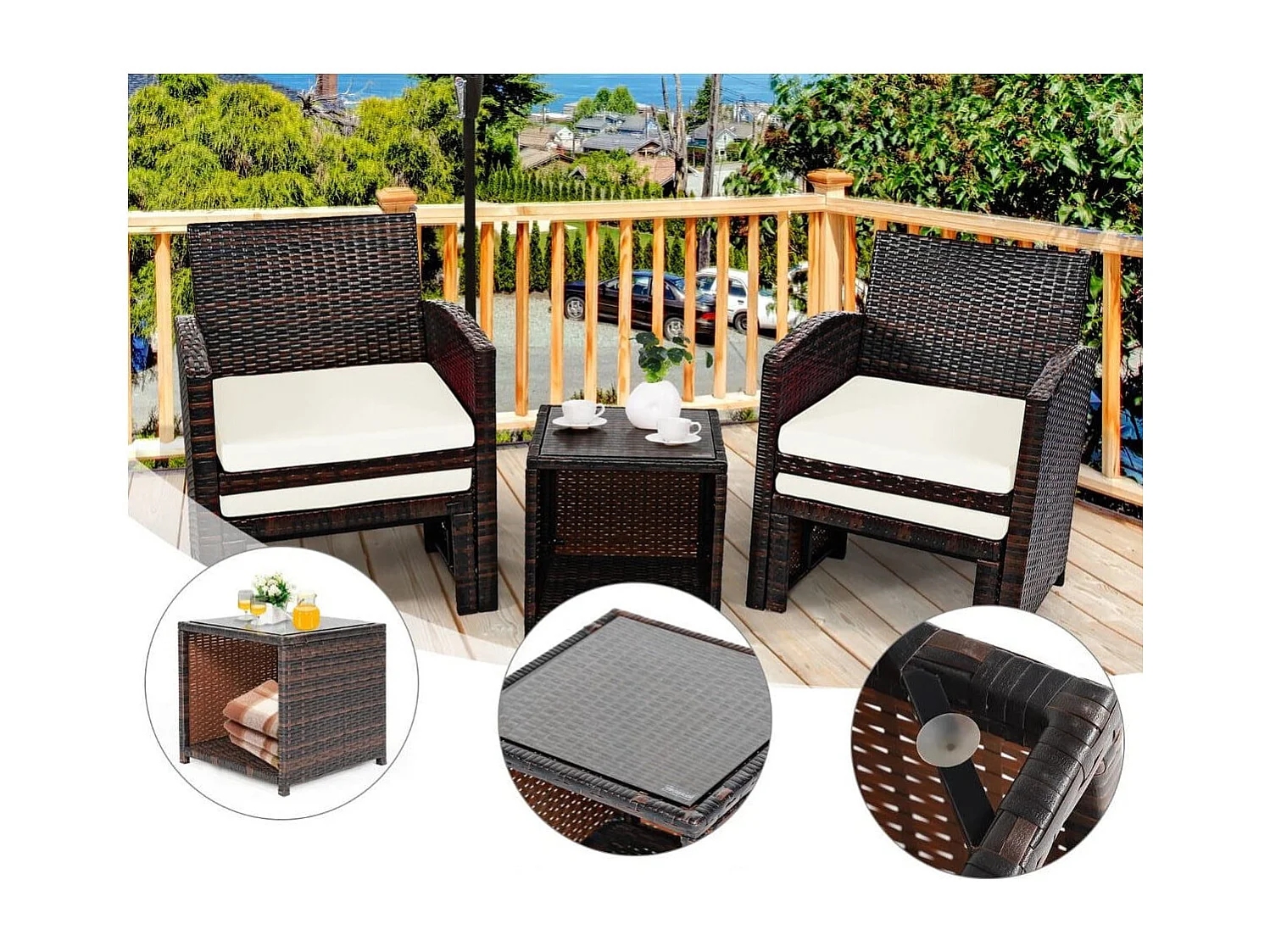 5er Set Rattan Set Möbel Balkonset Gartenmöbel Sitzgruppe Braun + Weiß