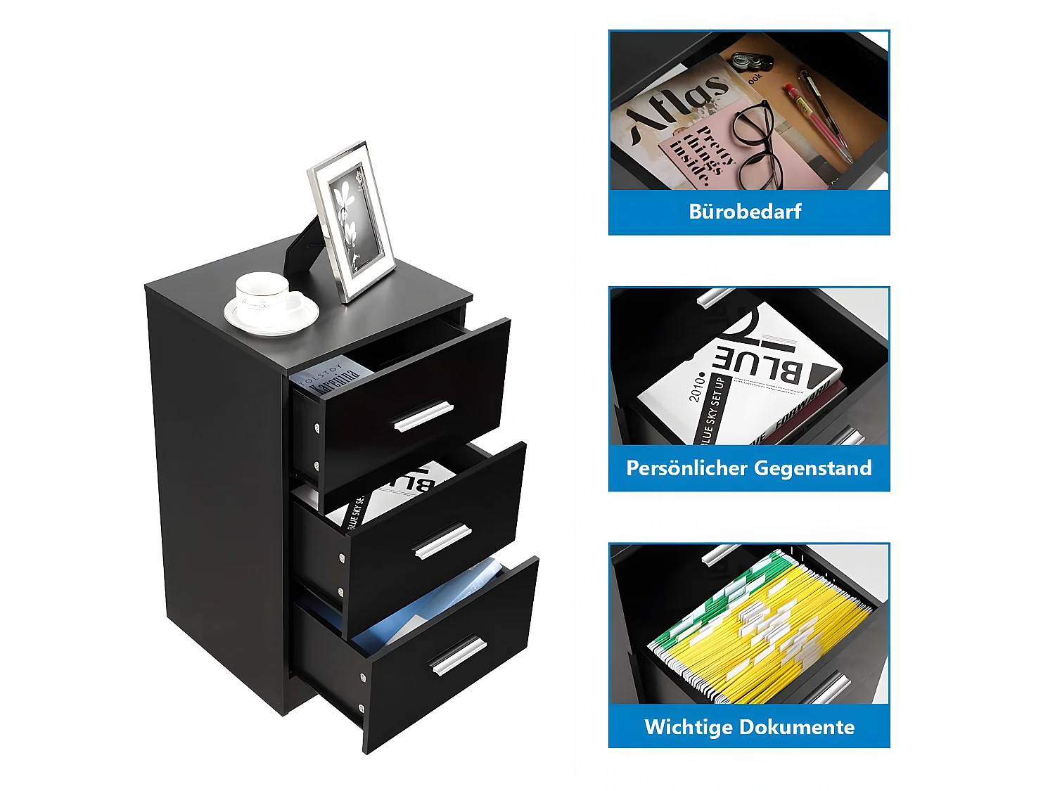 2er Nachtschrank mit 3 Schubladen, Akten im Briefformat und Aktenordner Einzeln TI86387