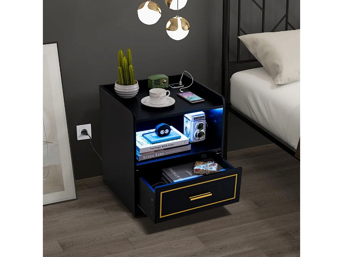 Set aus 2 Nachttischen mit LED-Beleuchtung und Ladestation, schwarz