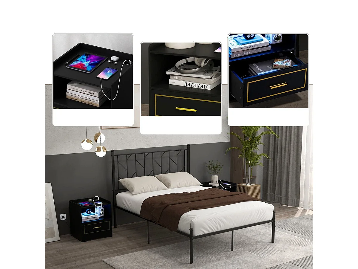 Set aus 2 Nachttischen mit LED-Beleuchtung und Ladestation, schwarz