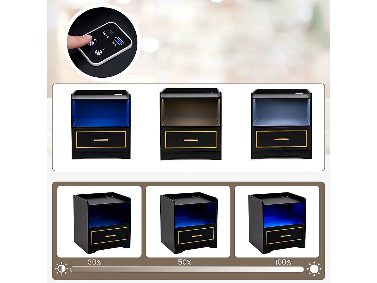 Set aus 2 Nachttischen mit LED-Beleuchtung und Ladestation, schwarz