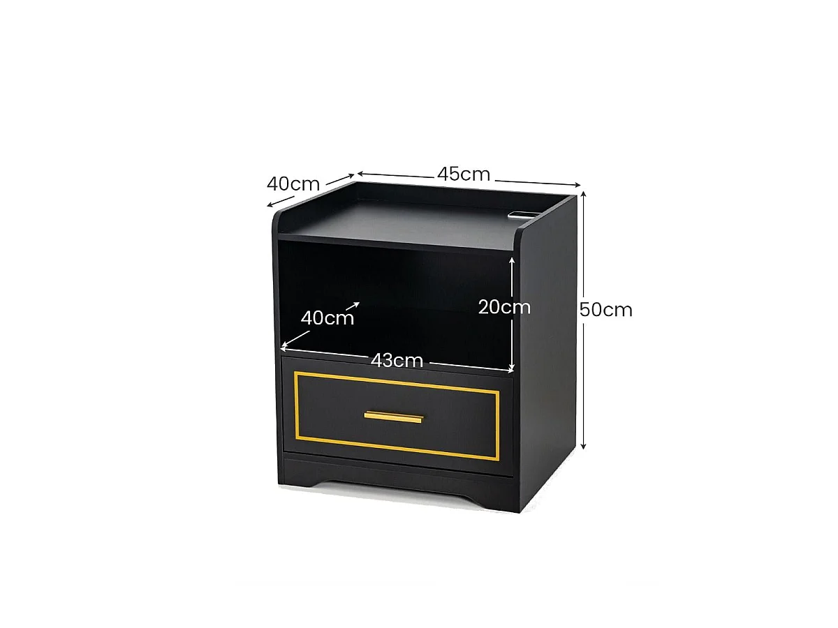 Set aus 2 Nachttischen mit LED-Beleuchtung und Ladestation, schwarz