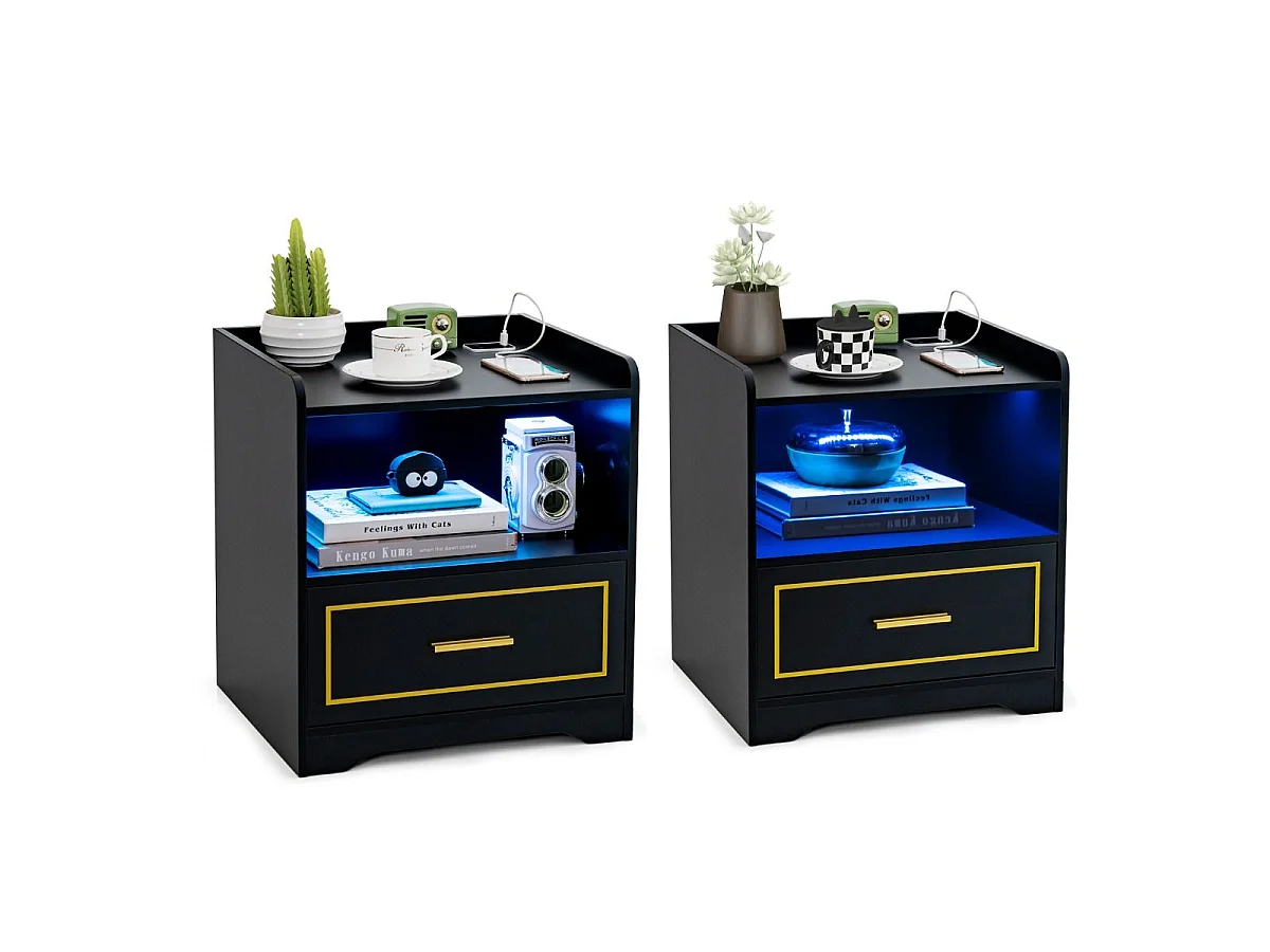Set aus 2 Nachttischen mit LED-Beleuchtung und Ladestation, schwarz