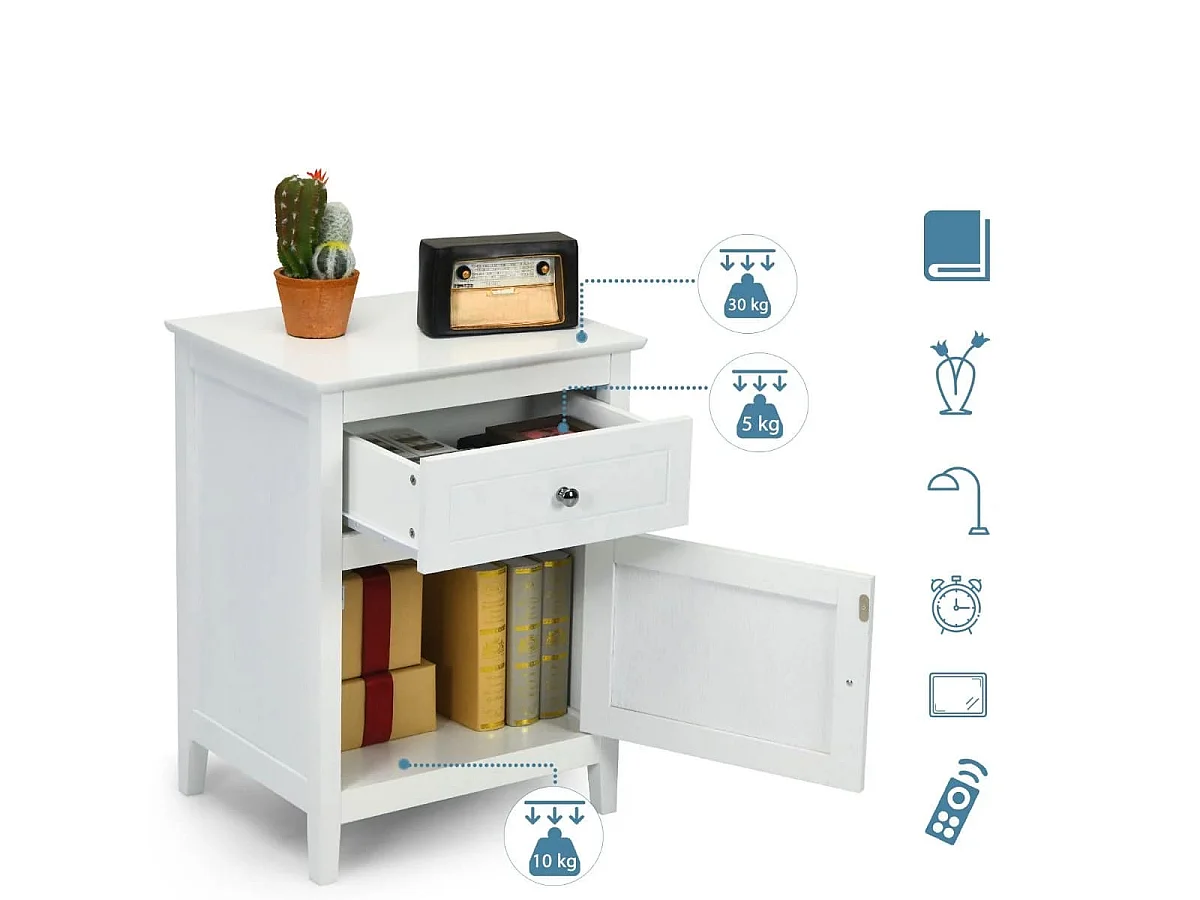 Lot de 2 tables de chevet blanches avec tiroir et porte, 48 x 38 x 63,5 cm