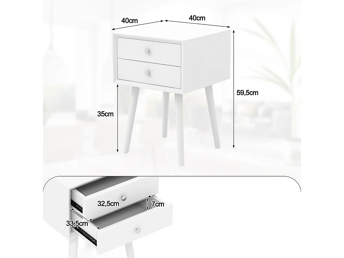 Nachttisch mit 2 Schubladen Kleiner Beistelltisch aus Holz 40 x 40 x 59,5 cm Weiß