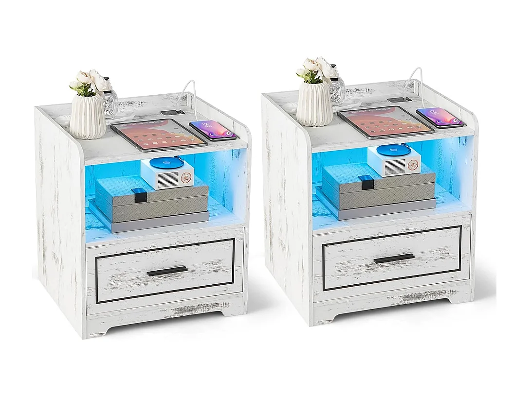 2er Set Nachttisch mit LED Licht USB-Anschluss und Typ-C-Ladestation Nachtschrank mit Bewegungssensor Weiß