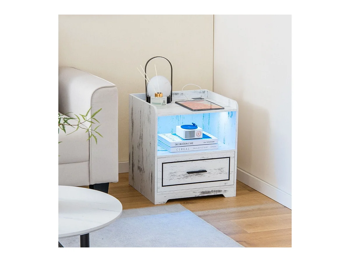 2er Set Nachttisch mit LED Licht USB-Anschluss und Typ-C-Ladestation Nachtschrank mit Bewegungssensor Weiß