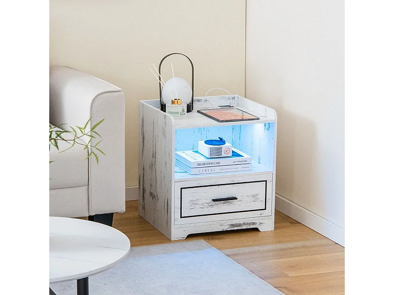 2er Set Nachttisch mit LED Licht USB-Anschluss und Typ-C-Ladestation Nachtschrank mit Bewegungssensor Weiß