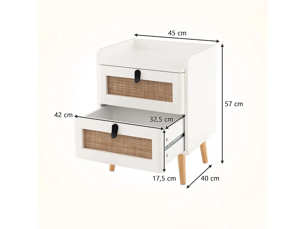 Nachttisch mit 2 Schubladen Massivholzbeine Nachtkommode im Boho-Stil 45 x 40 x 57 cm