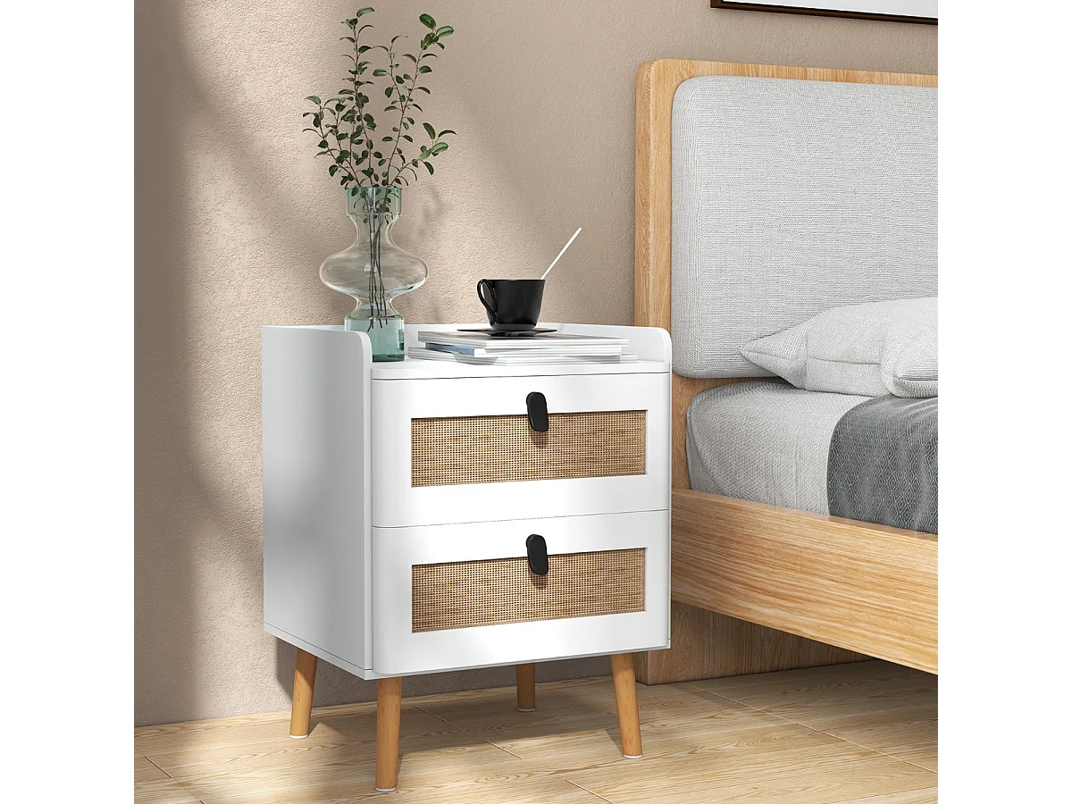 Commode 2 Tiroirs Table de Chevet avec Pieds en Bois Massif Poignée Noir Design Tiroir en Rotin Bohème Petite Commode Scandinave Blanc