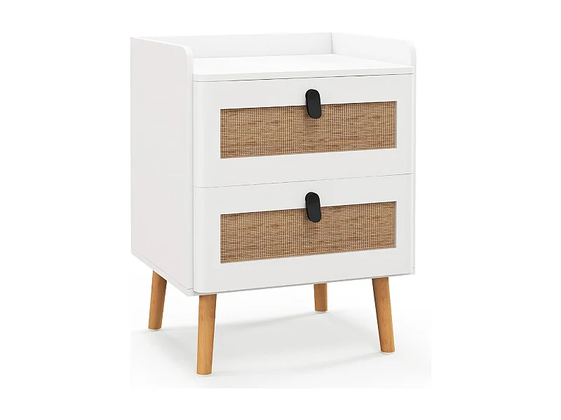 Commode 2 Tiroirs Table de Chevet avec Pieds en Bois Massif Poignée Noir Design Tiroir en Rotin Bohème Petite Commode Scandinave Blanc