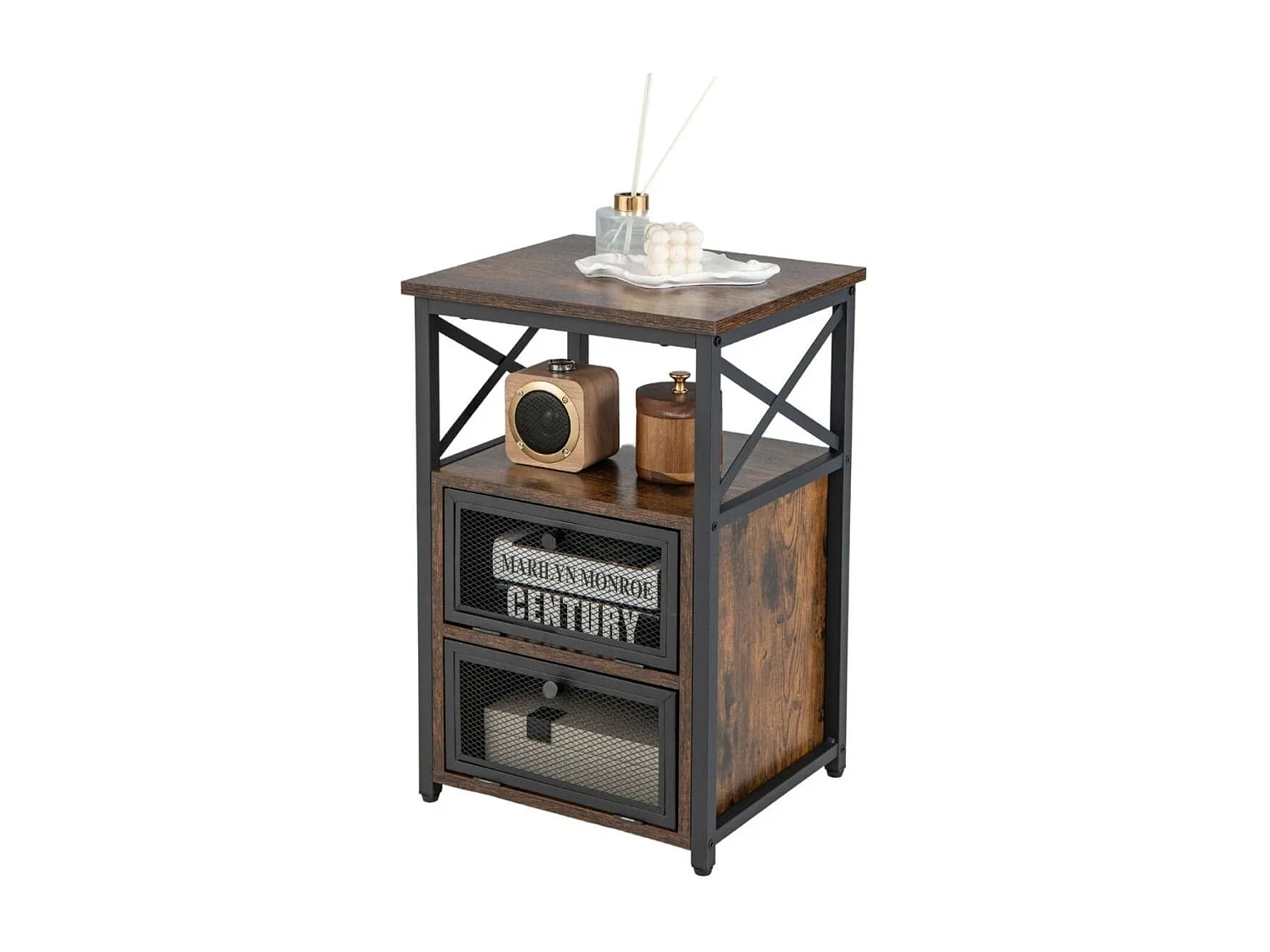 4 Ebenen Beistelltisch Industrie Design Nachttisch mit 2 Klappschubladen 60,5 x 40 x 35 cm Rustikales Braun