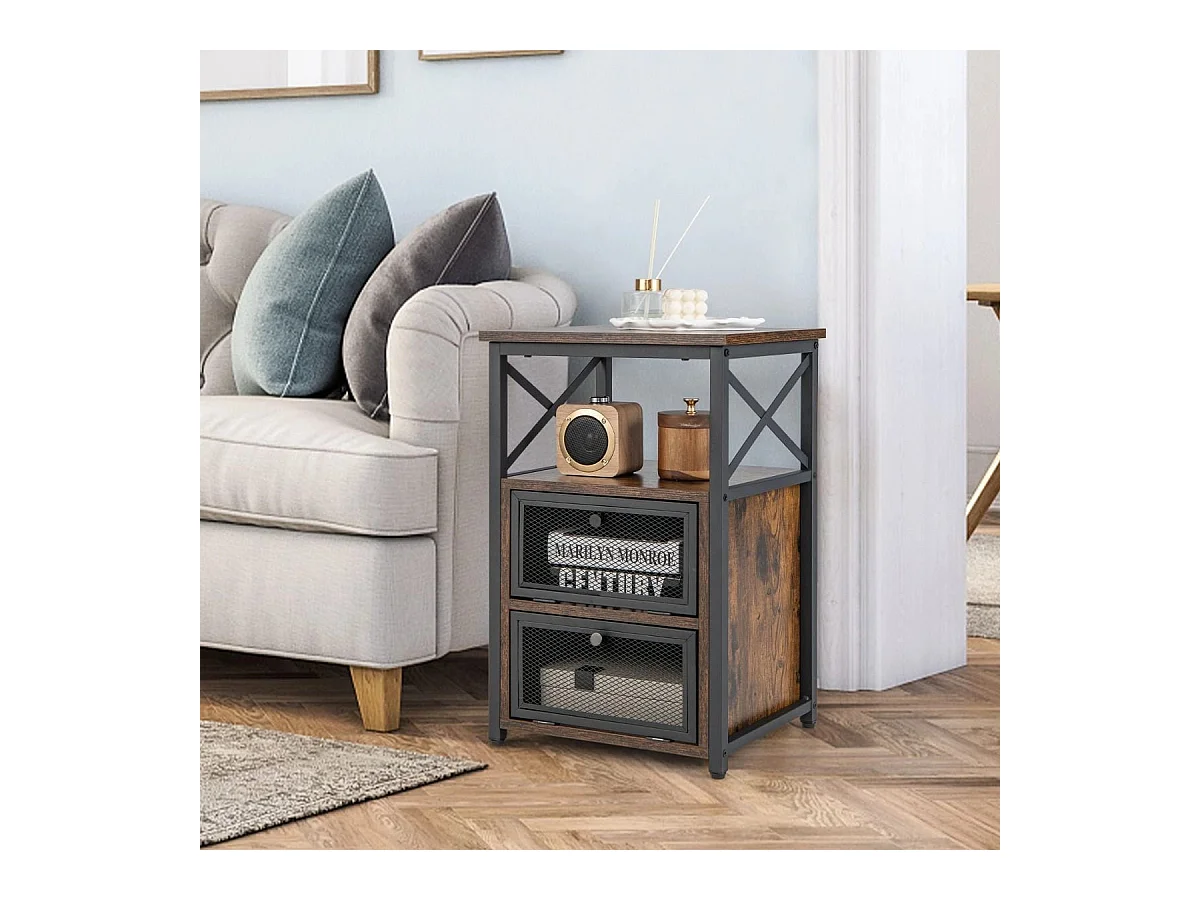 Table de Chevet Industrielle à 2 Compartments et 2 Étagères Bout de Canapé Cadre Métal Table d'Appoint pour Chambre 60,5 x 40 x 35 cm