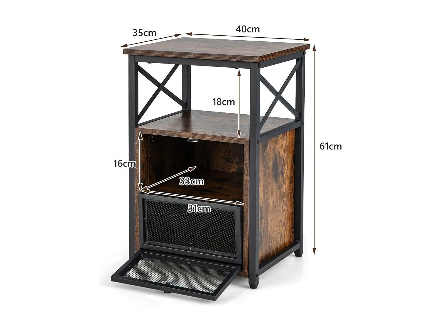 4 Ebenen Beistelltisch Industrie Design Nachttisch mit 2 Klappschubladen 60,5 x 40 x 35 cm Rustikales Braun