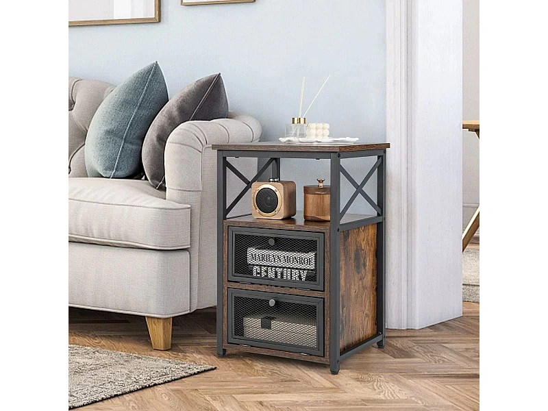 4 Ebenen Beistelltisch Industrie Design Nachttisch mit 2 Klappschubladen 60,5 x 40 x 35 cm Rustikales Braun