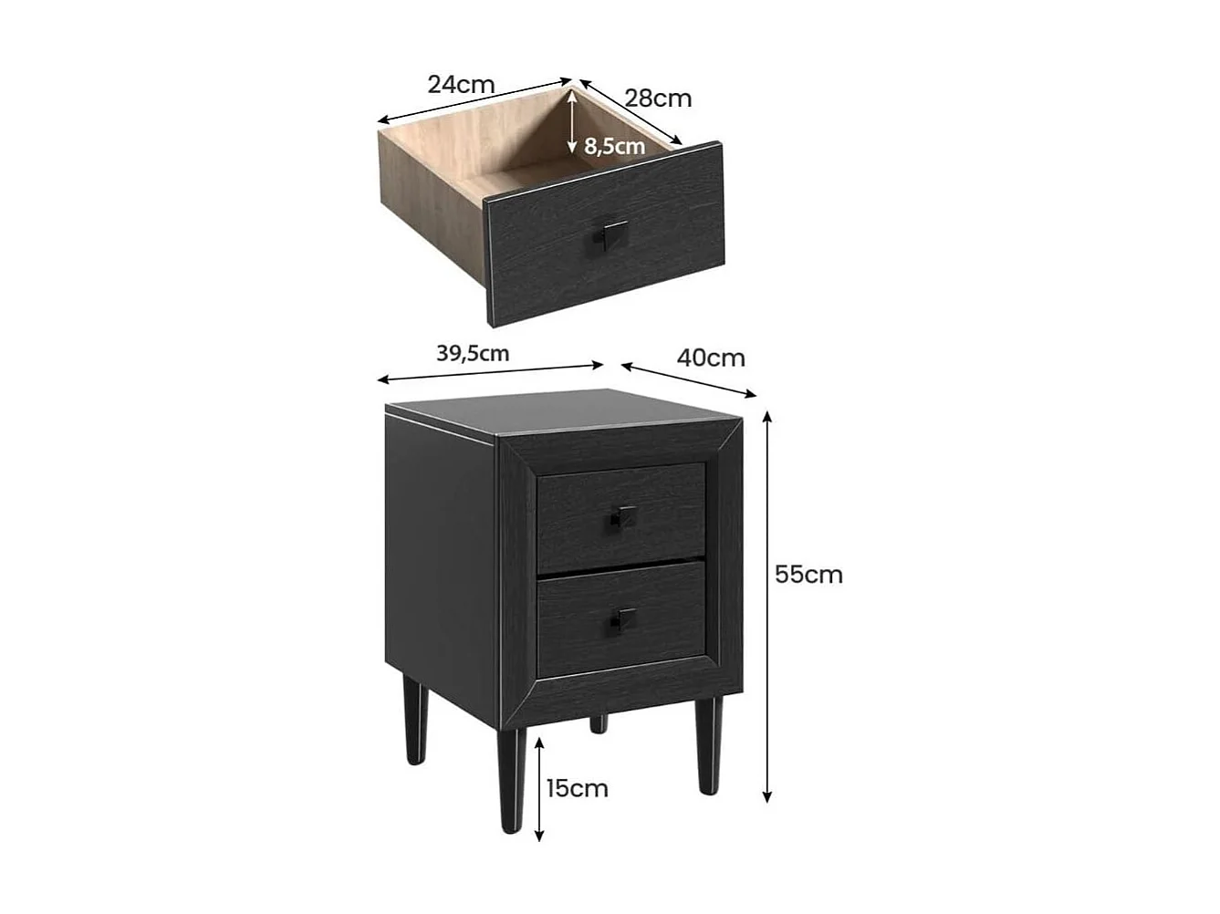 Nachttische Holz Beistelltisch mit 2 Schubladen Kaffeetisch modern Sofatisch Schwarz